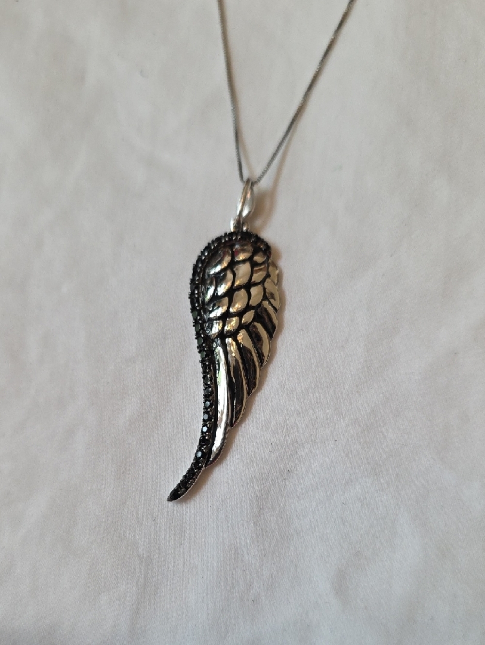 Sterling Silver Angel Wing Pendant Necklace With Black Stones - Picture 3 of 4